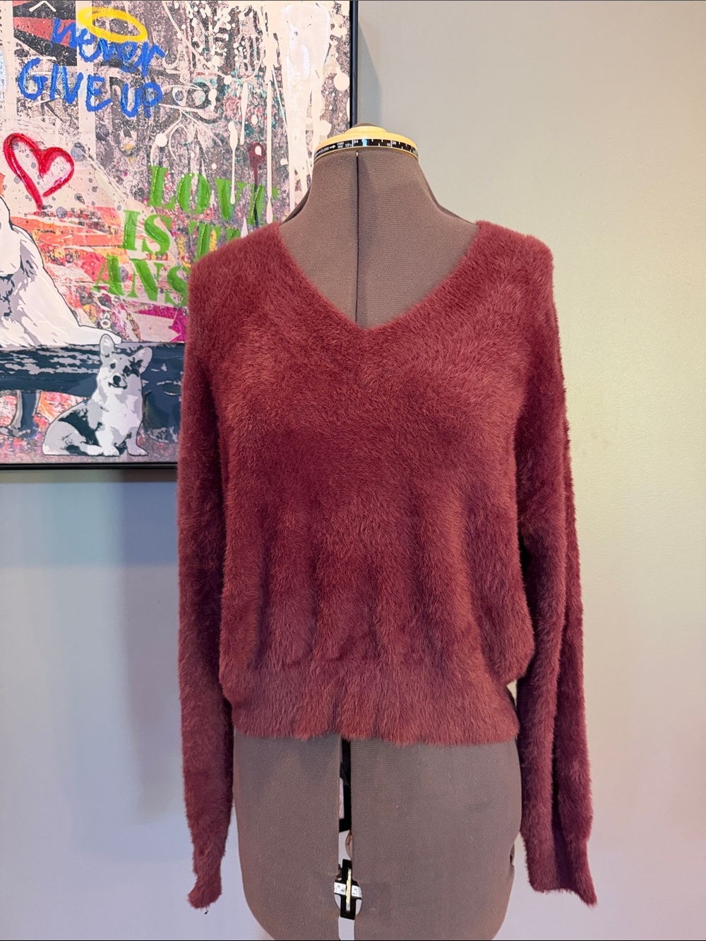 Halogen Fuzzy V-Neck Sweater in Wine